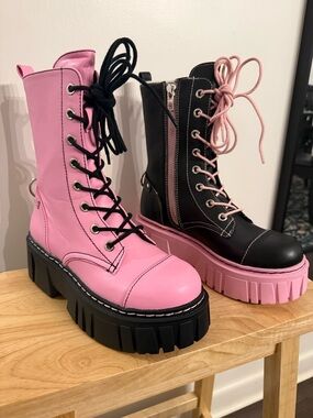 Current Mood Two-Tone Platform Lace-Up Boots in Pink and Black